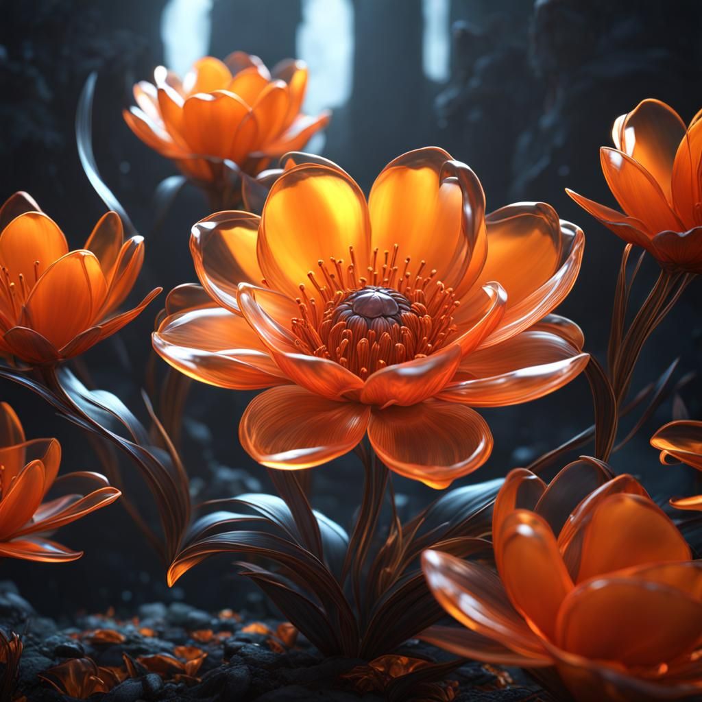 Translucent Orange Glass Flower in Detailed Matte Style