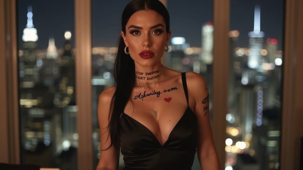 Woman in Black Gown in NYC Penthouse at Night