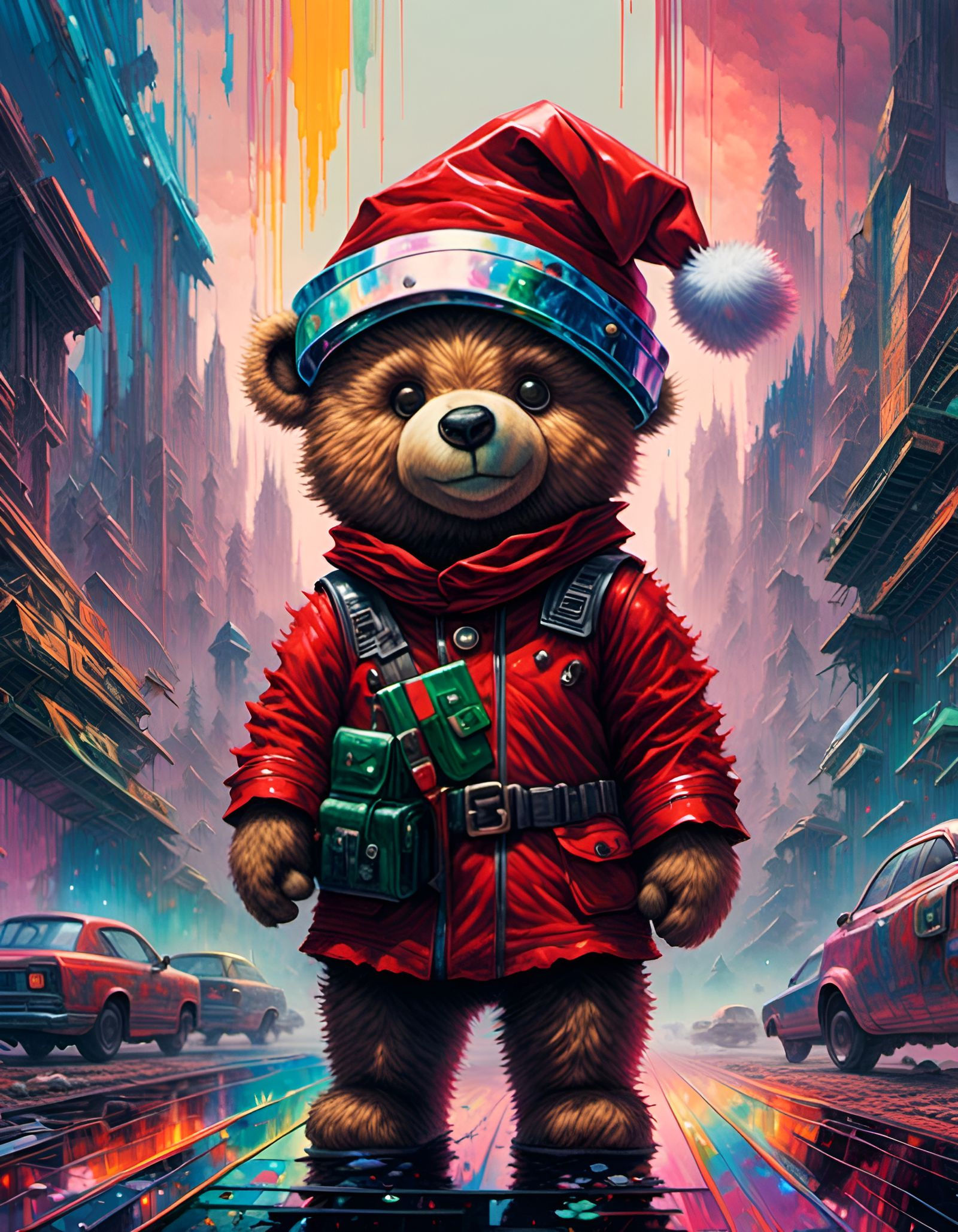 Festive Teddy Bear Portrait in Santa Hat