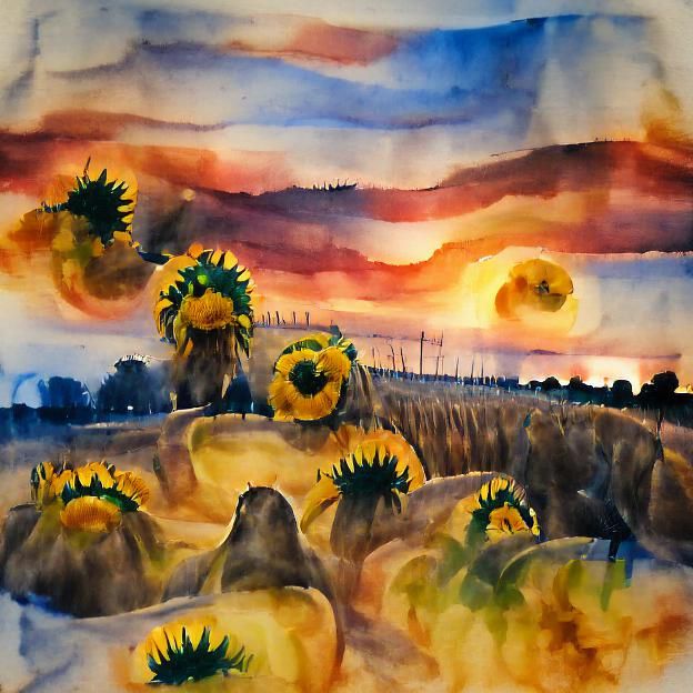 Watercolor Sunflowers Field at Sunset