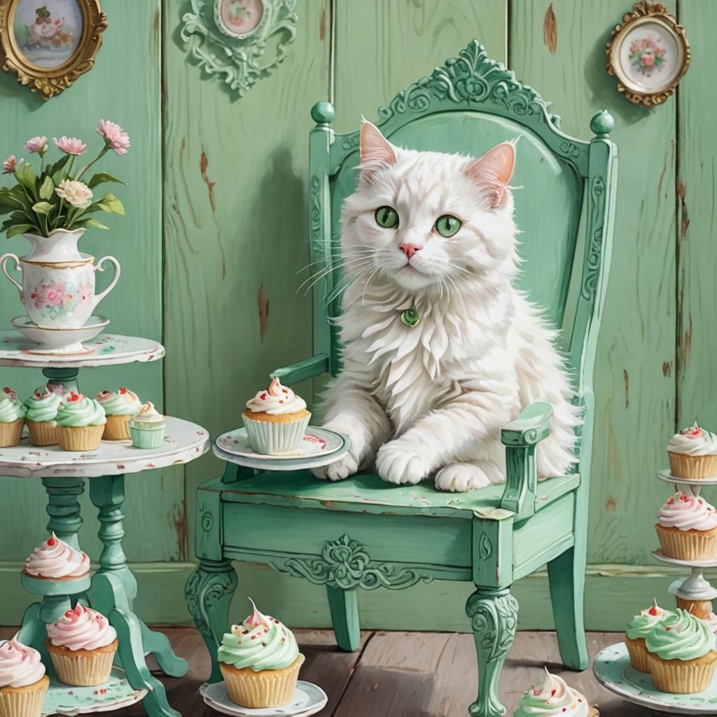 White Cat's Tiny Feast: Gouache Impressionist Painting