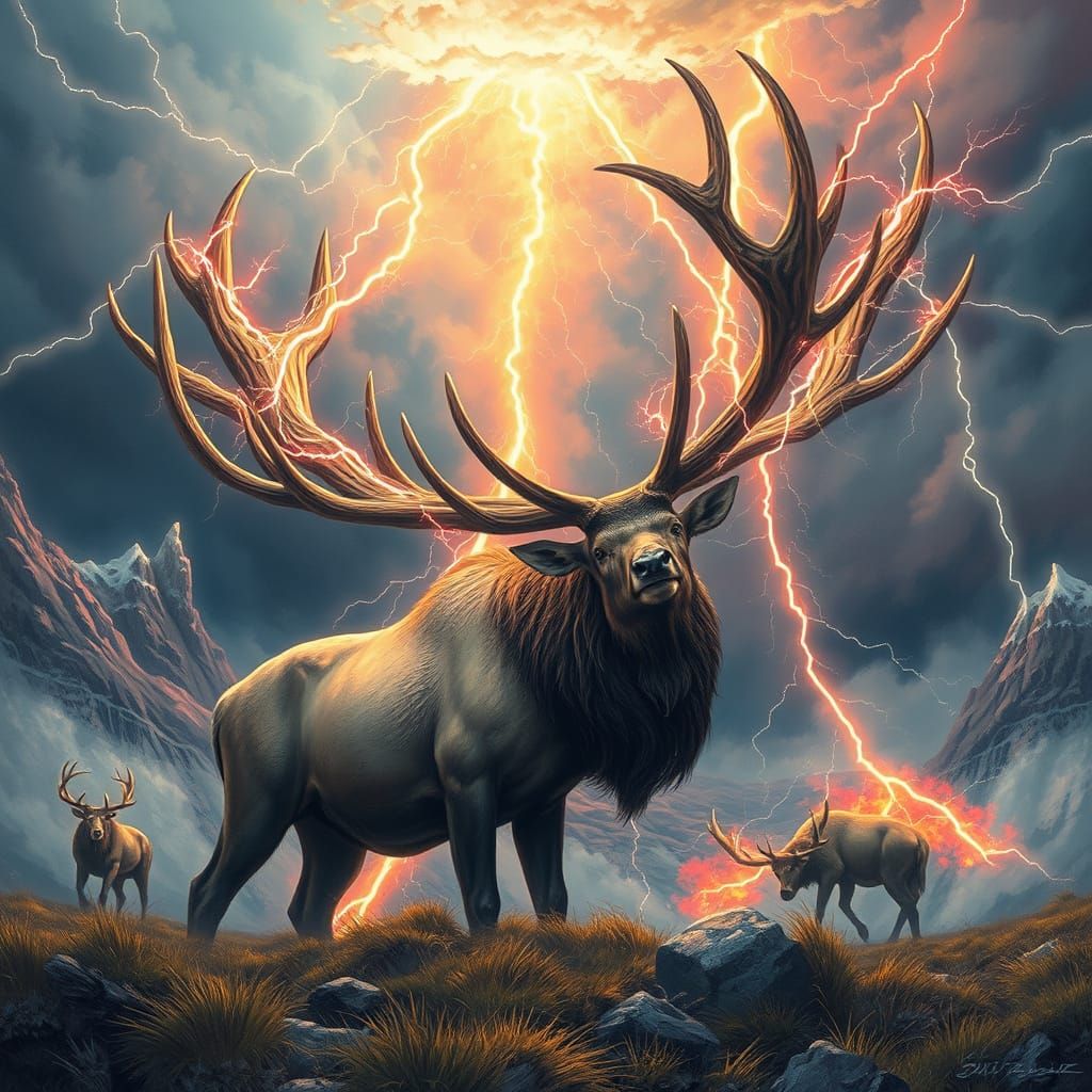 Electric Elk in a Stormy Landscape, in a Cyberpunk Aesthetic