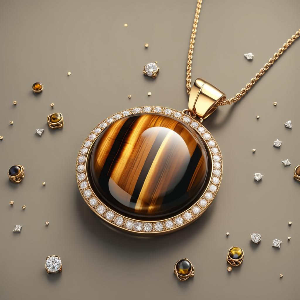Tiger Eye Gold Pendant with Diamonds, 3D Render