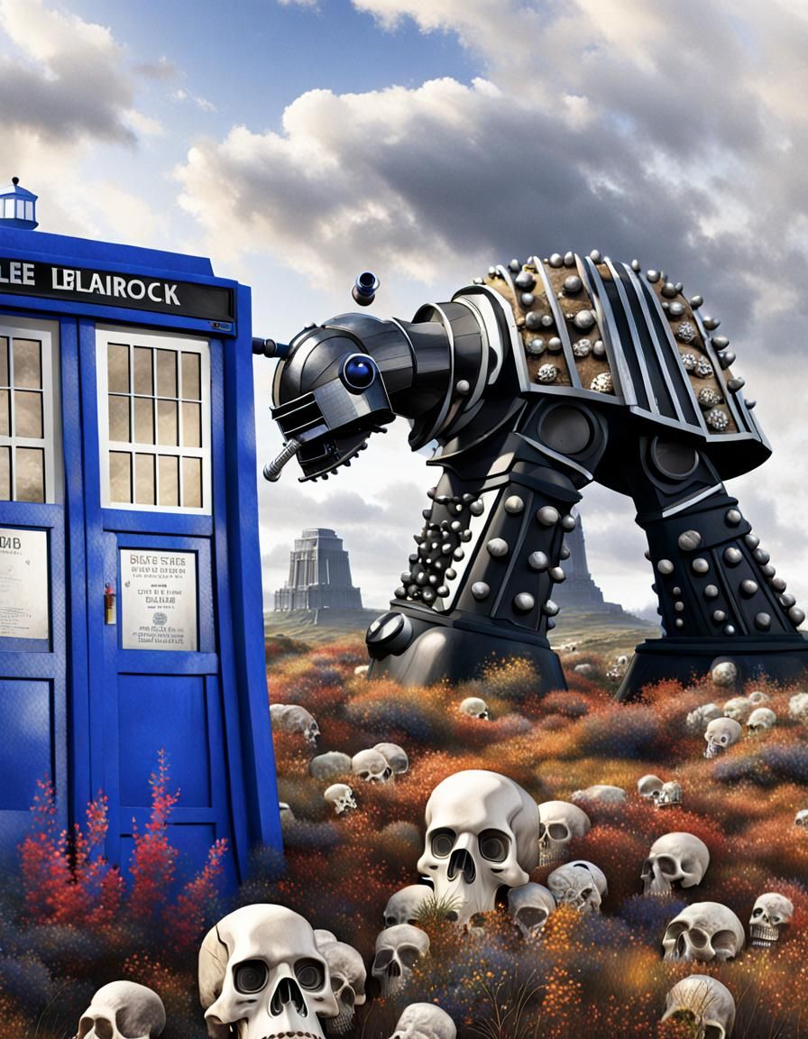 Photorealistic Black Dalek Sniffing TARDIS in Skull Landscap...