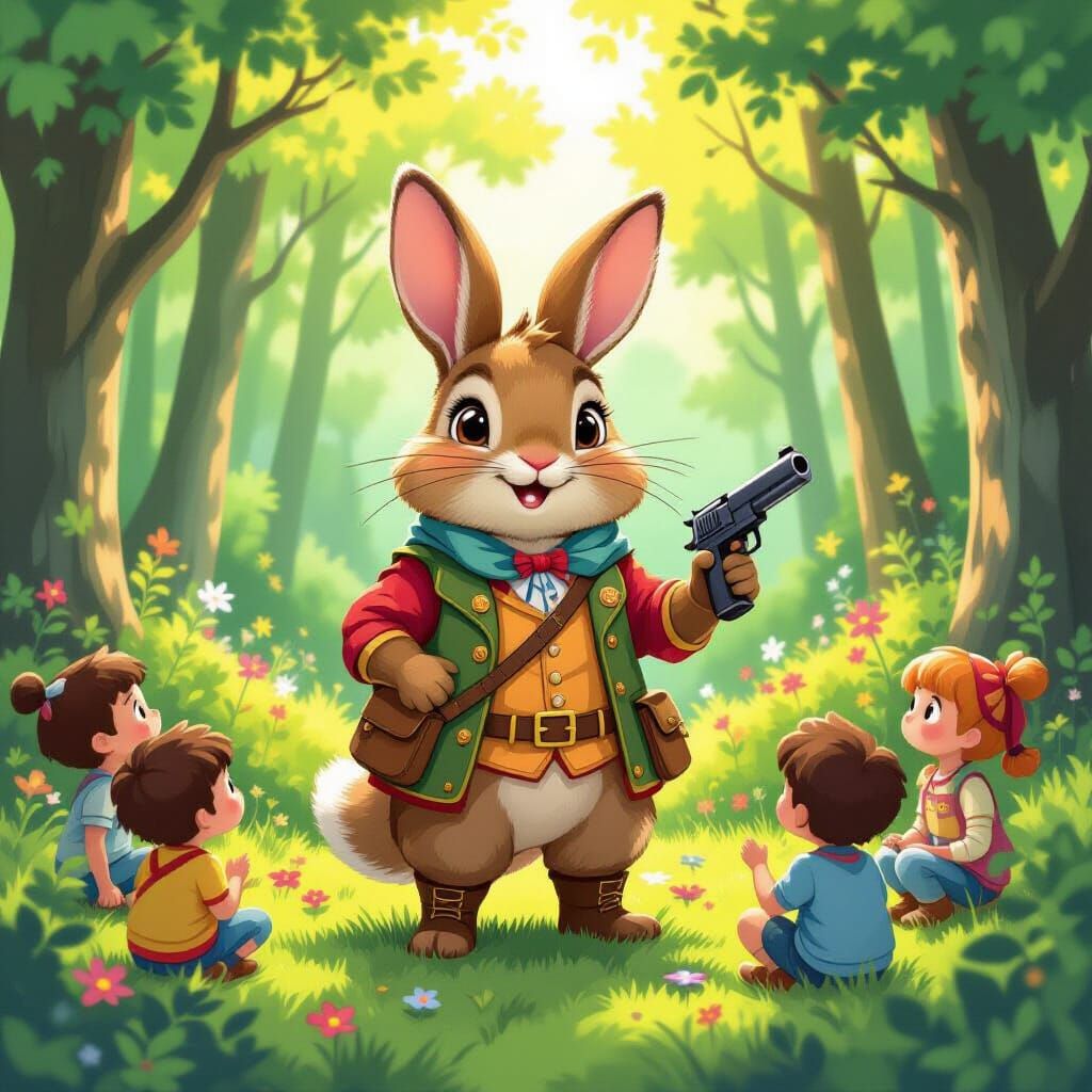 Gun Safety Lesson in Sunny Forest, Illustrated Style