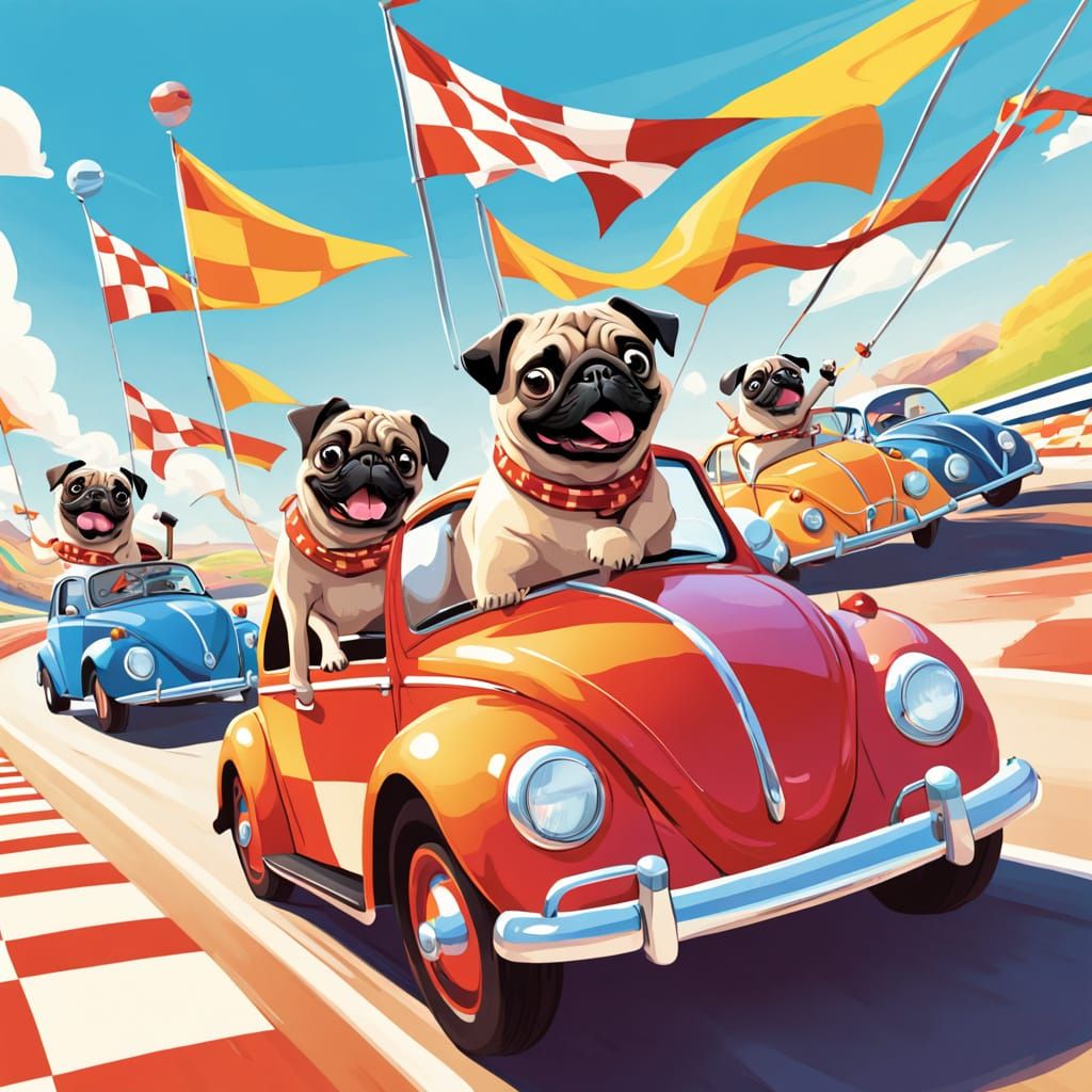 Vibrant Retro Cartoon Pugs Speed Across Colorful Track
