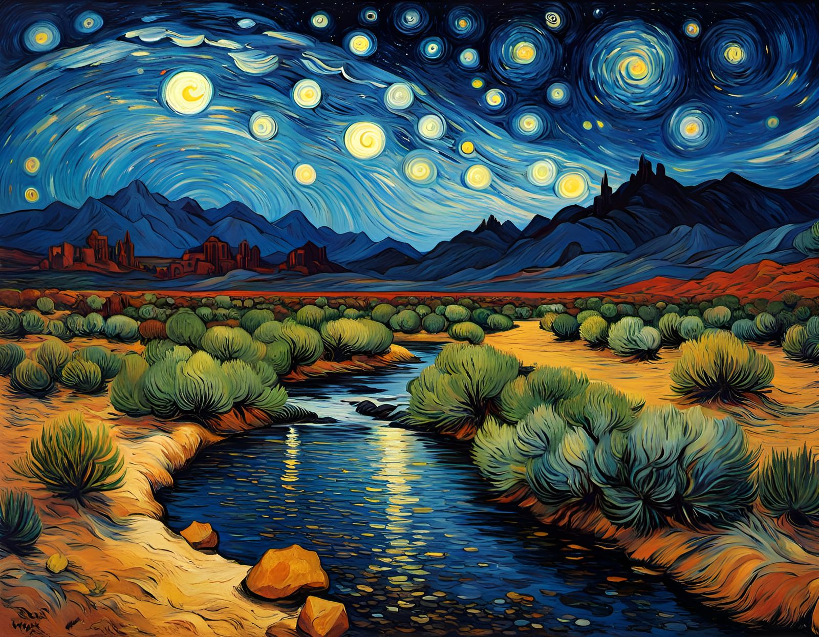 Starry Night Sky over Desert Stream as Van Gogh Painting