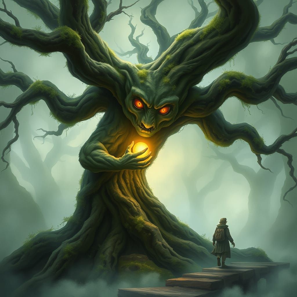 Ancient Tree Spirit With Glowing Orb in Foggy Forest