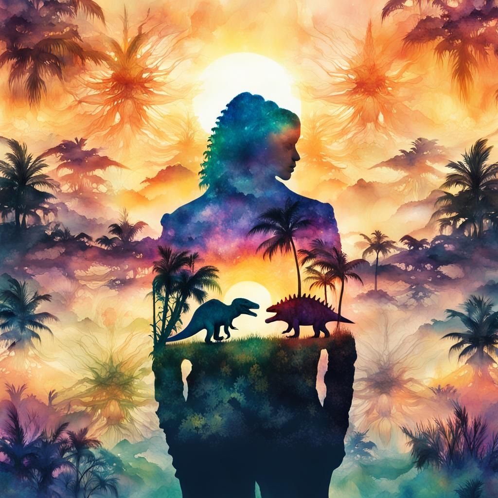 Double Exposure Dinosaur Sunset in Watercolor Style