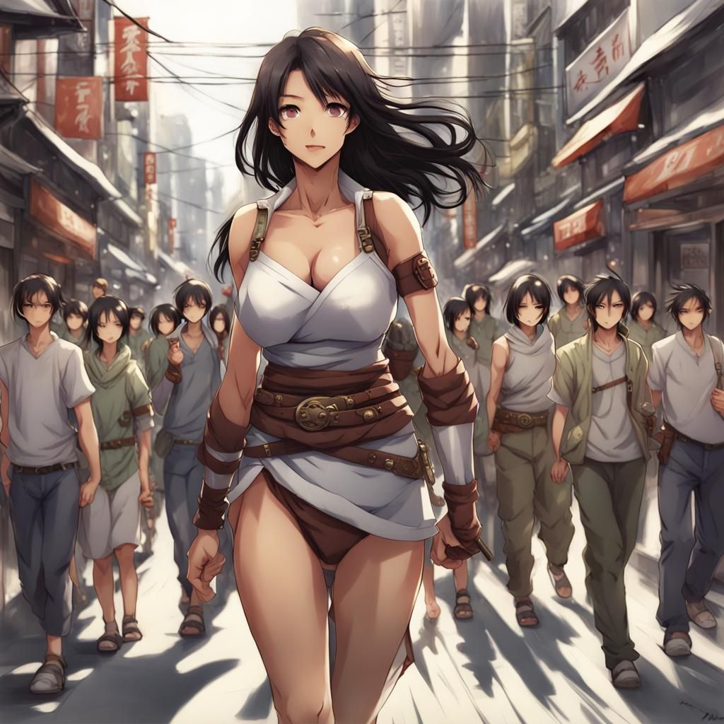 Anime Style Asian Warrior Walks City Street