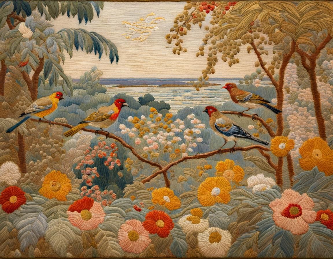 Embroidered Bird Paradise in Impressionist Style