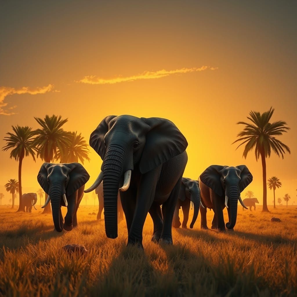 Majestic Elephants in Sunset Savanna Landscape