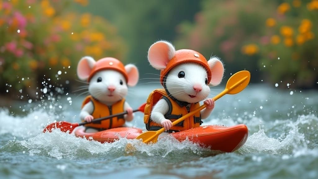 Cute Mice Kayaking Down Choppy River