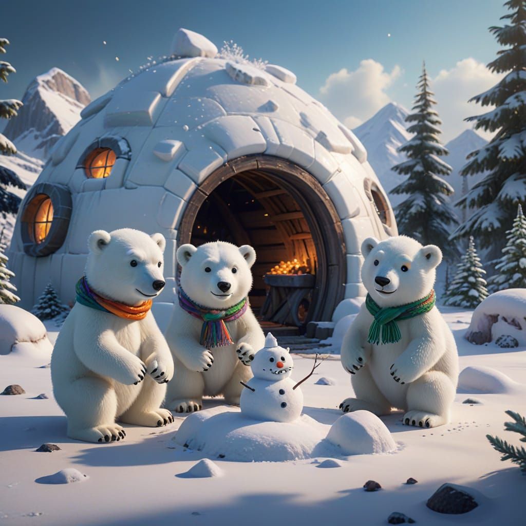 Polar Bear Cubs Build Snowman: Pixar-Style 3D Art