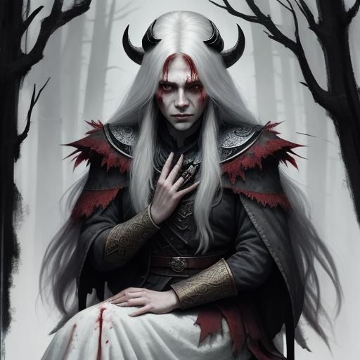 Bloody Viking Woman with Ravens in Dark Forest