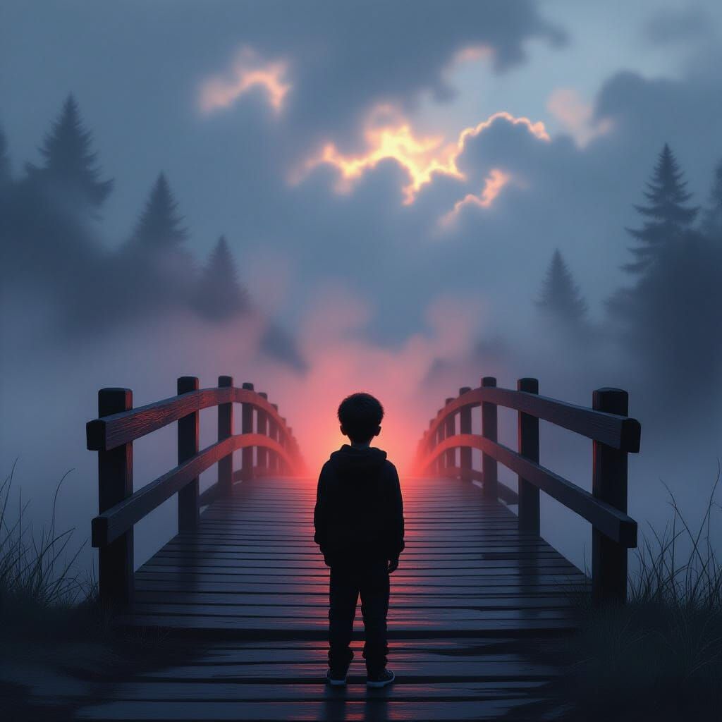 Boy on Misty Bridge with Fiery Glow, Hyperrealism