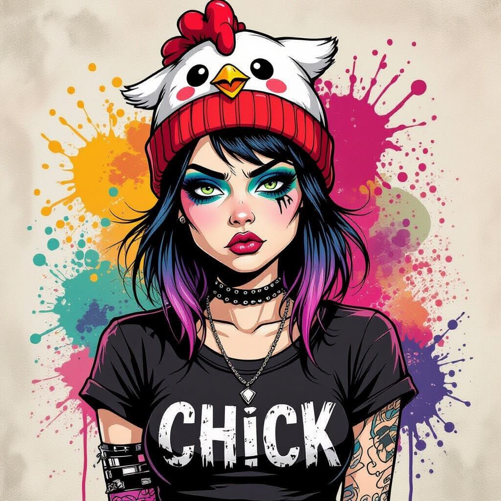 Grumpy Punk Chick with Chicken Beanie in Pop Surrealism