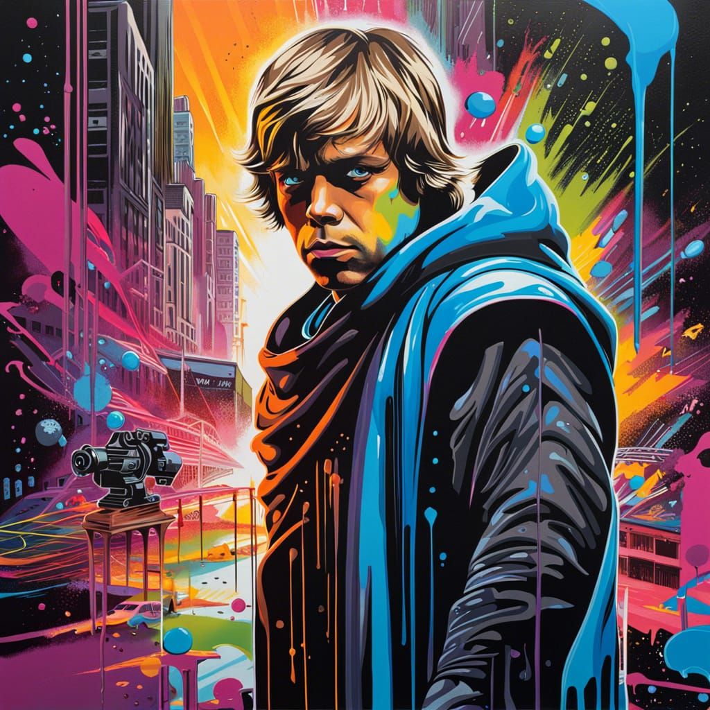 Luke Skywalker, cityscape, graffiti art