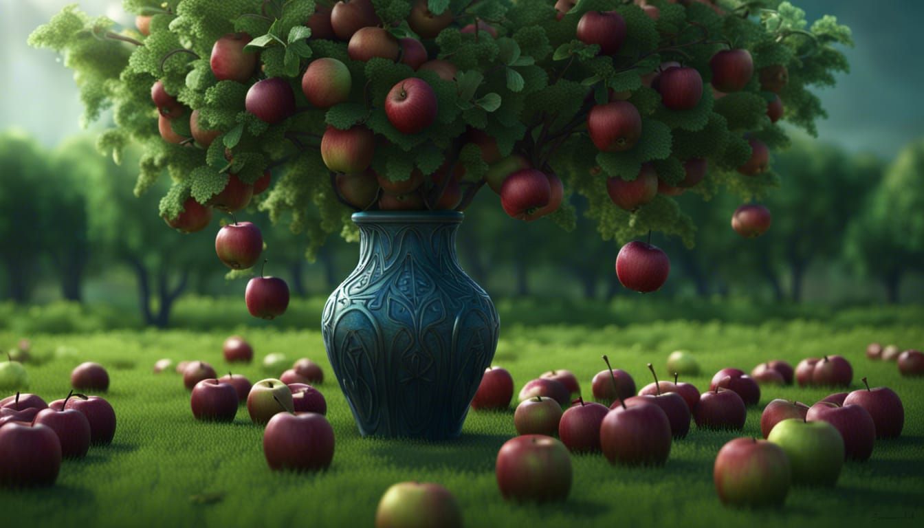 Vase with Apples in Orchard, Detailed Matte Painting