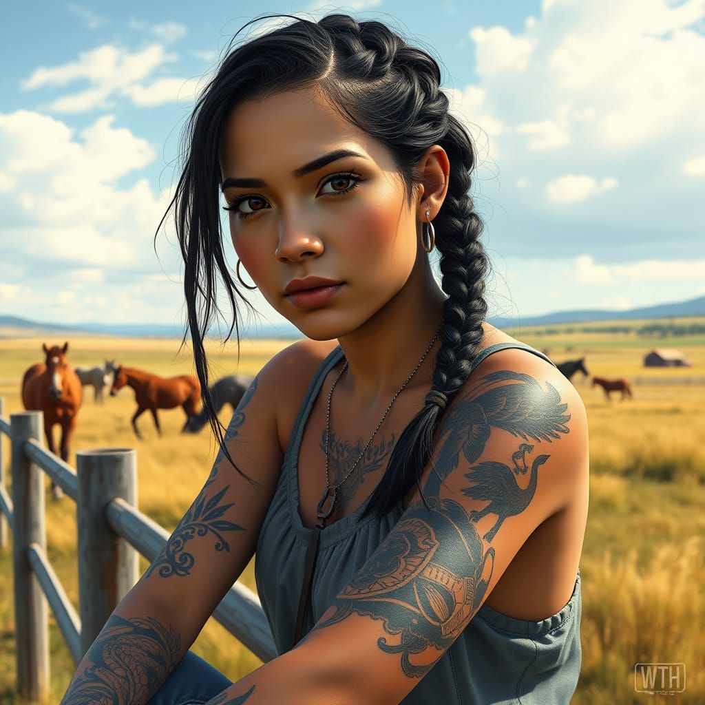 Latina Woman with Braids and Tattoos in Prairie Setting