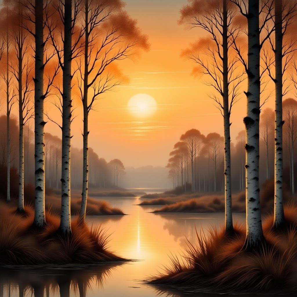 Autumn Birch Woodland Sunset in Painting Style