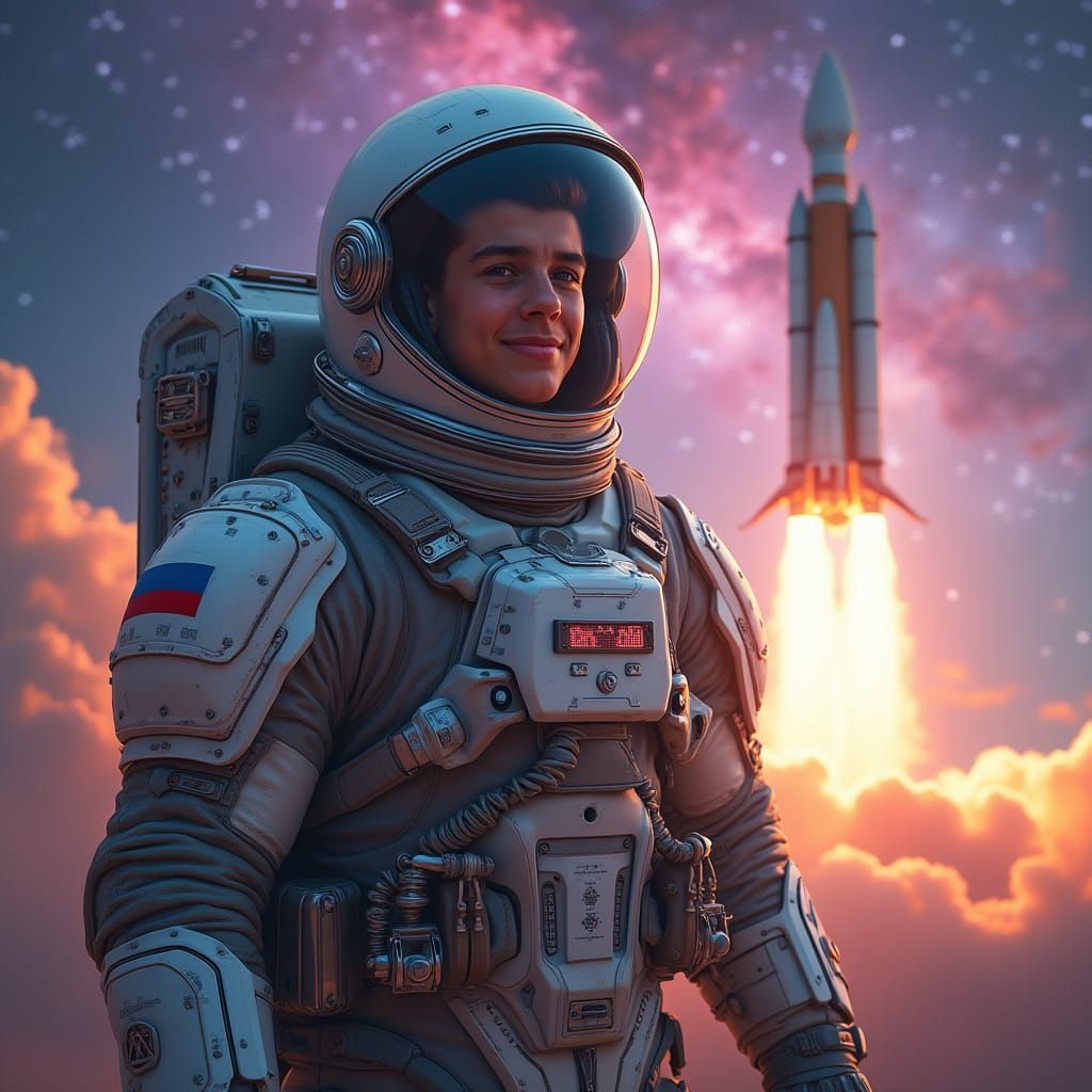 Russian Astronaut in Spacesuit Standing Against Rocket Blast...