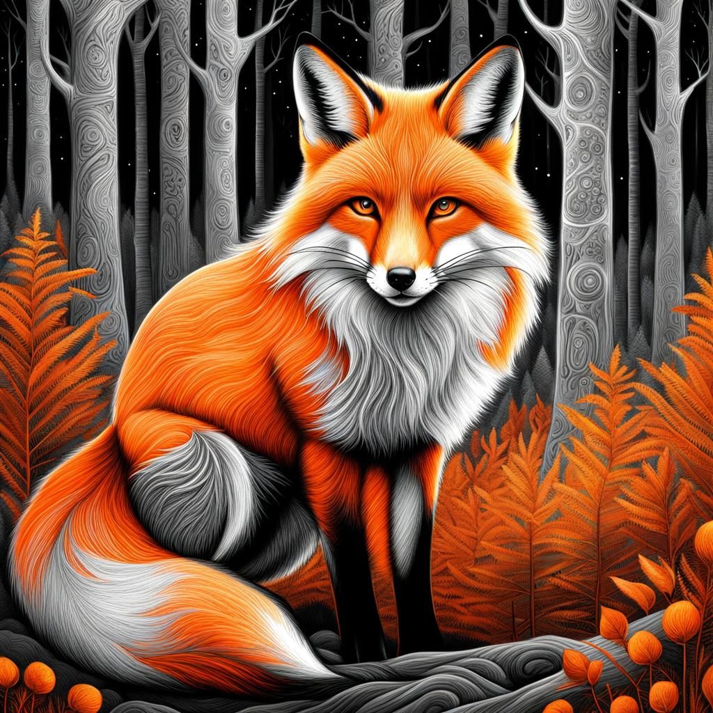 Orange Fox in Grey Forest: Selective Color Illustration