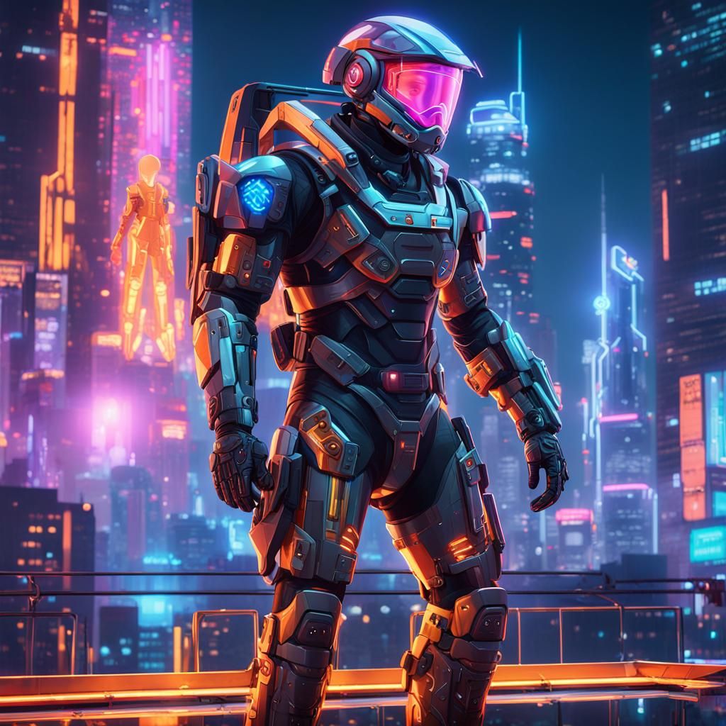 Futuristic Exosuit Soldier in Neon Cityscape