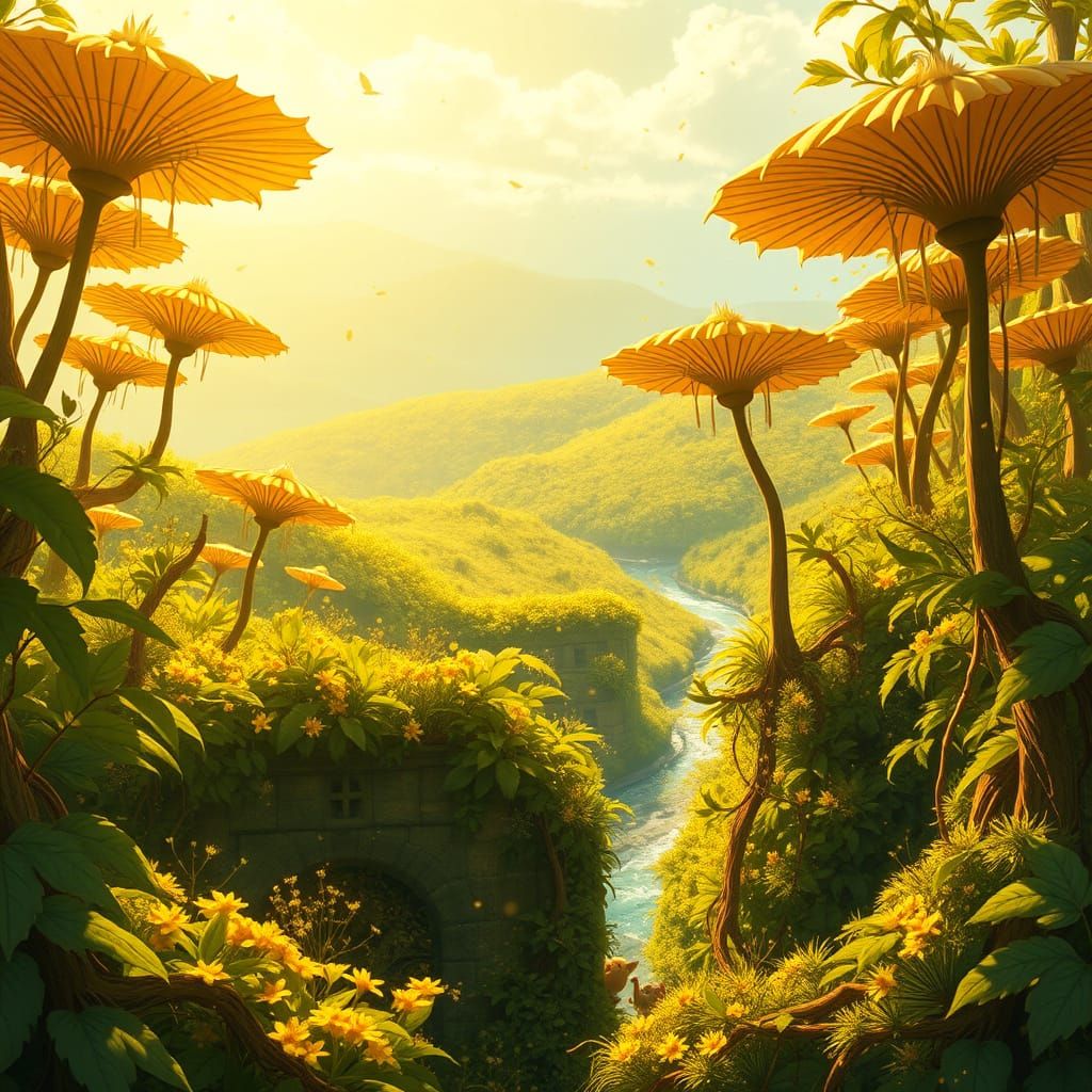 Surreal Silphium Forest in Studio Ghibli Style