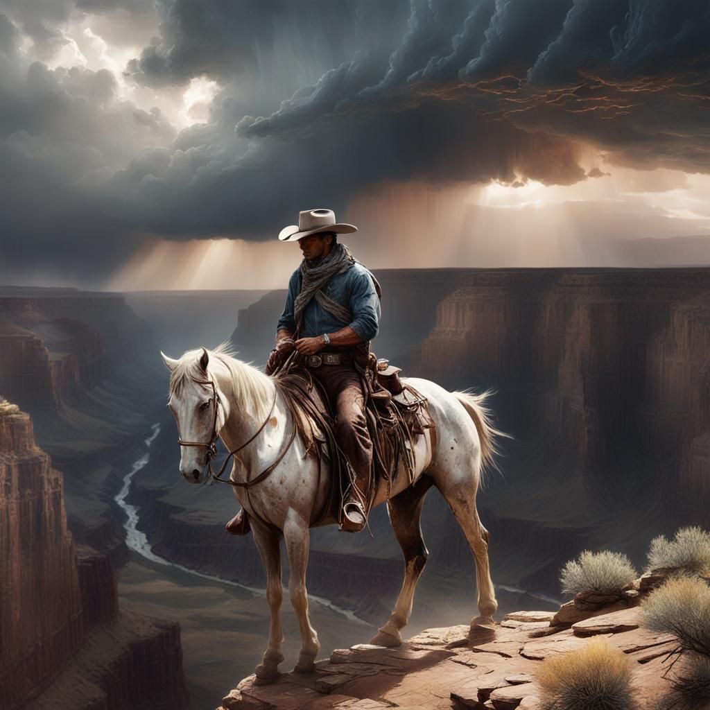 Cowboy Overlooks Canyon Storm at Sunset