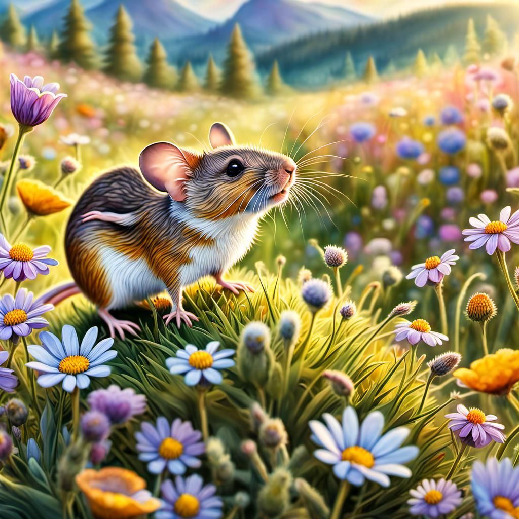 Field Mouse in Flower Meadow: Watercolor Illustration