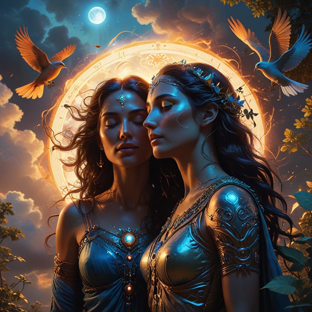 Majestic Sky Father and Earth Mother in Vibrant Line Drawing