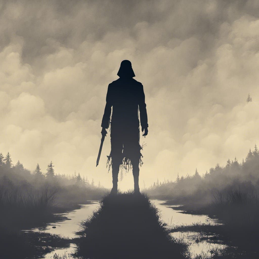 Eerie Shadow Figure in Foggy Field, Dark Fantasy Art