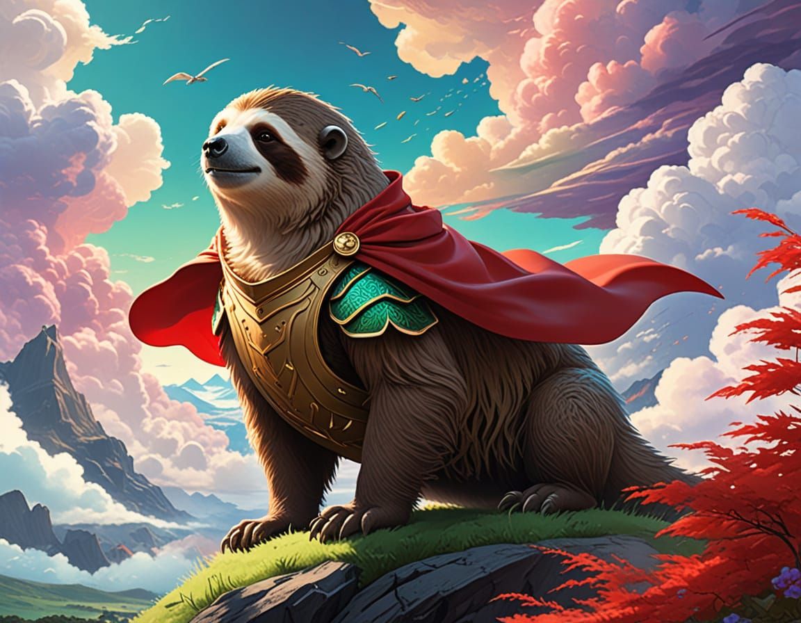 Heroic Sloth King on Dragon in Whimsical Fantasy Scene
