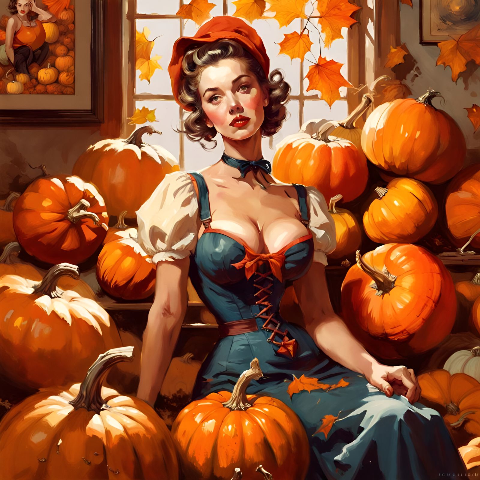 Stunning Woman with Pumpkins in Pin-Up Style