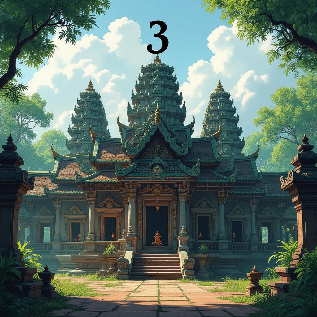 Temple with Number 3 in Fantasy Realism Style