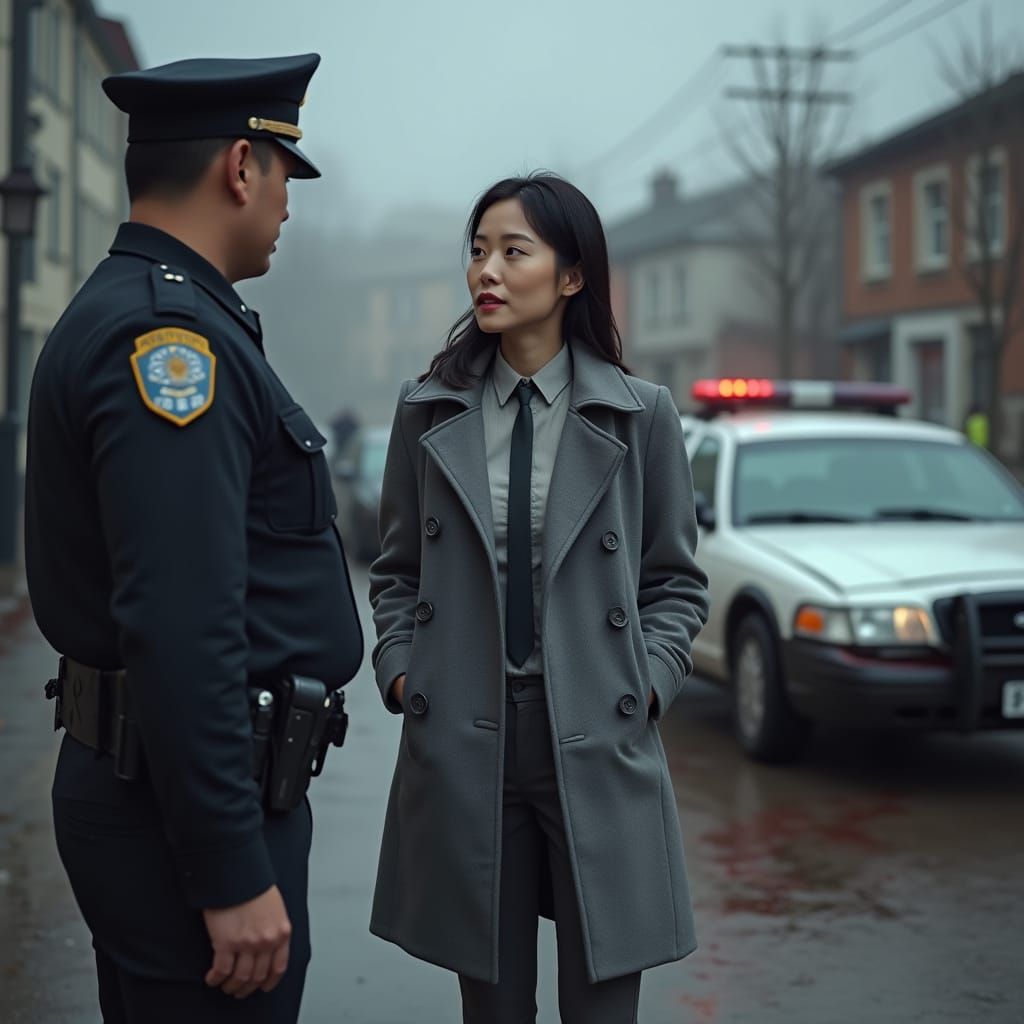Asian Woman in Trench Coat at Stormy Crime Scene