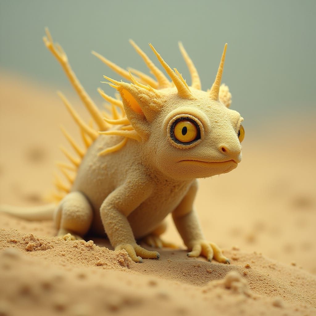 Mysterious Desert Sand Being in Vibrant Yellow with Quill-Li...