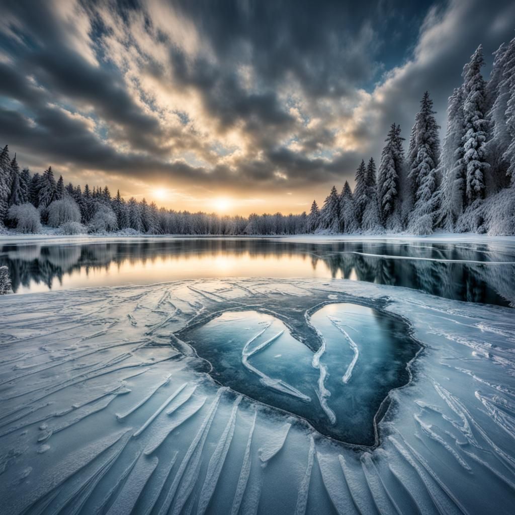 Icy Heart Frozen on a Winter Lake