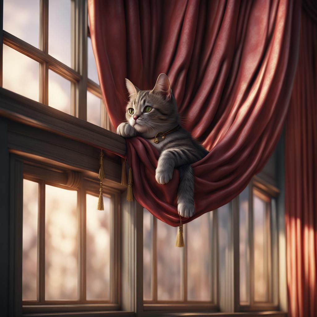 Cat Hanging on Curtain: Fantasy Concept Art