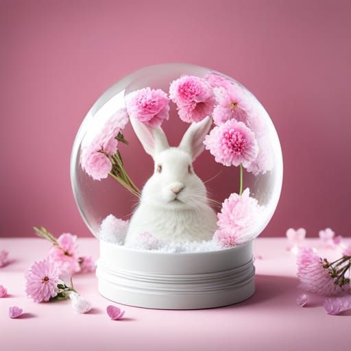 Easter Bunny in Snow Globe with Pink Flowers