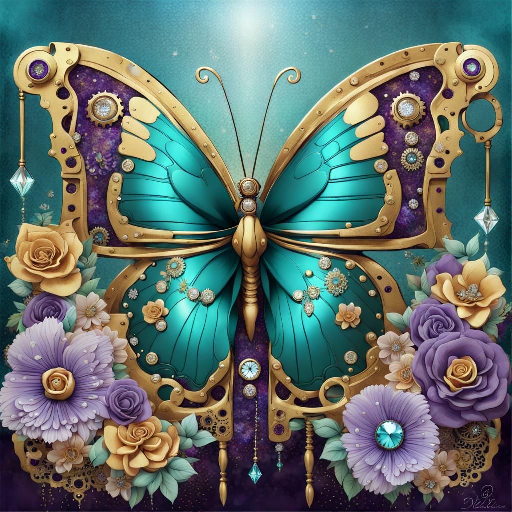 Steampunk Butterfly with Flowers, Glitter and Diamonds
