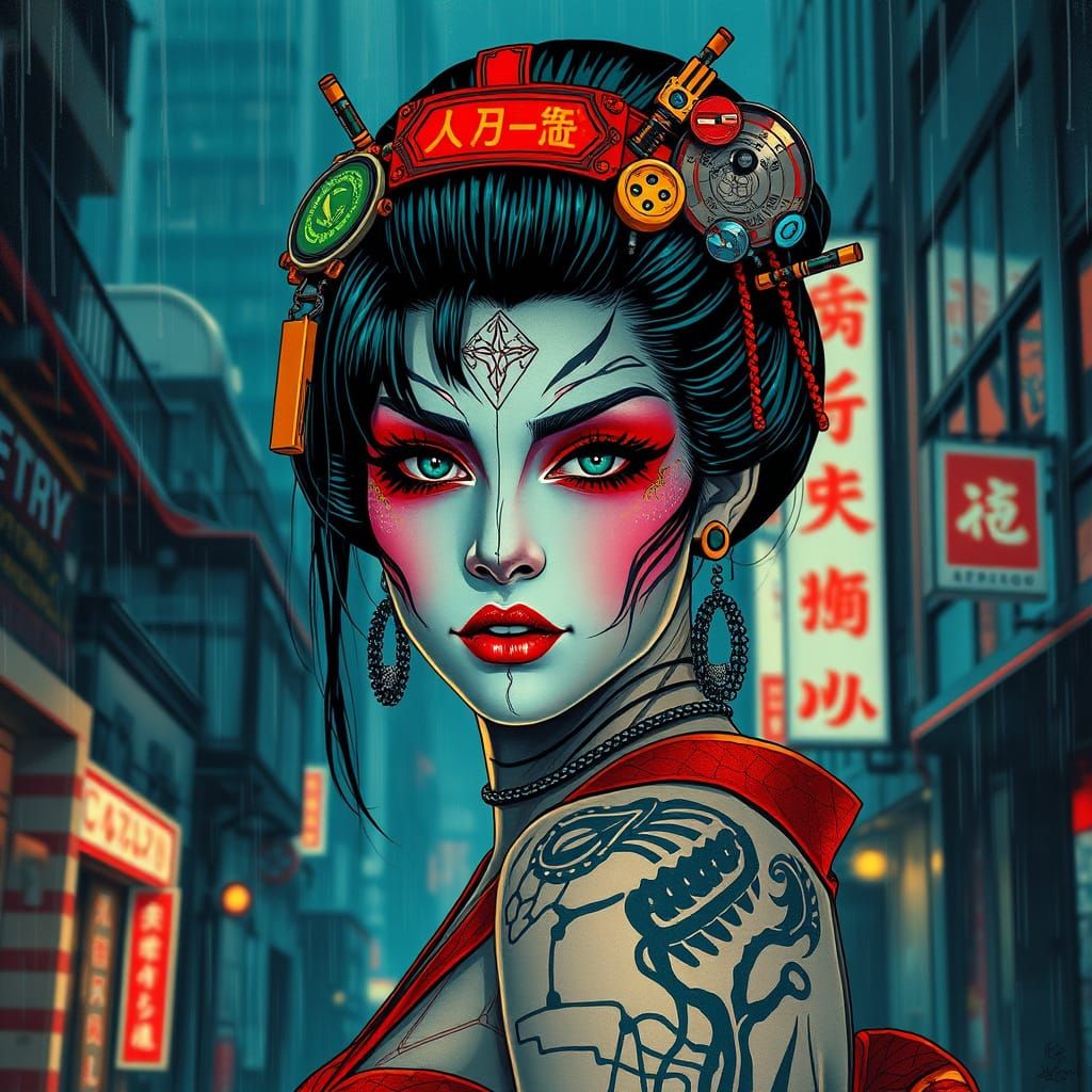 Cyberpunk Geisha Portrait with Neon Makeup