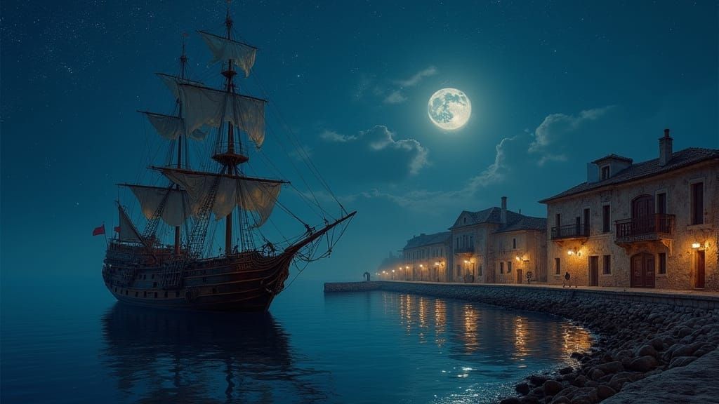 Majestic Sailing Ship Anchored in Tranquil Harbor at Night