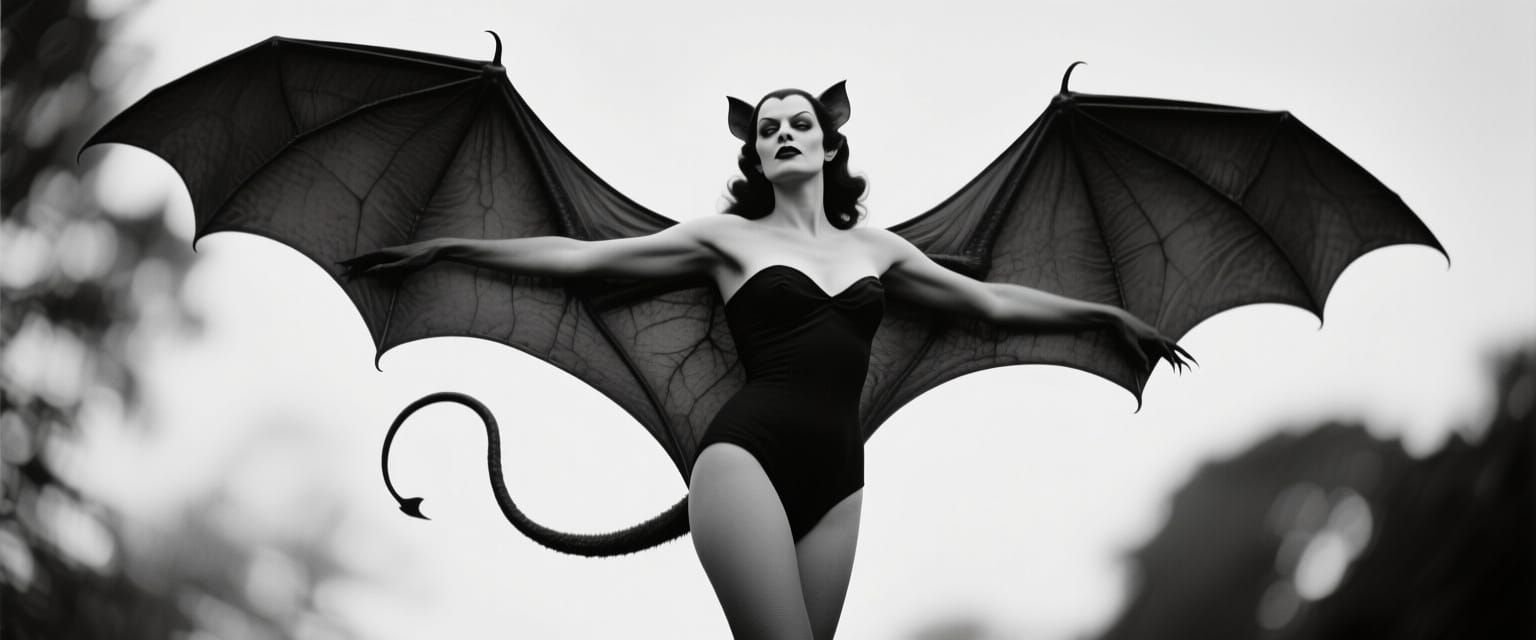 Vampire Bat Woman Hybrid in Dramatic Black and White