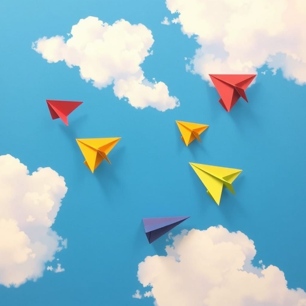 Vibrant Paper Airplanes Soar Through a Whimsical Blue Sky