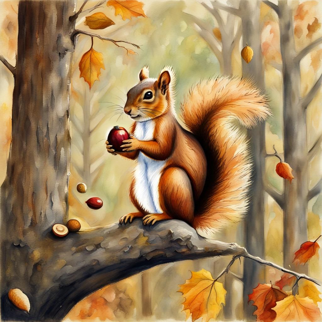 Squirrel with Nut: Gouache and Watercolor Painting