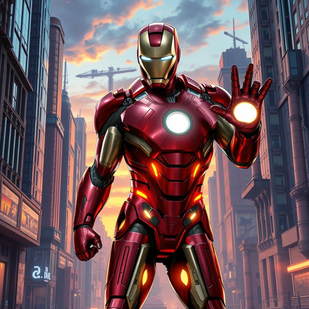 Iron Man Heroically Stands in Futuristic Metropolis at Dusk