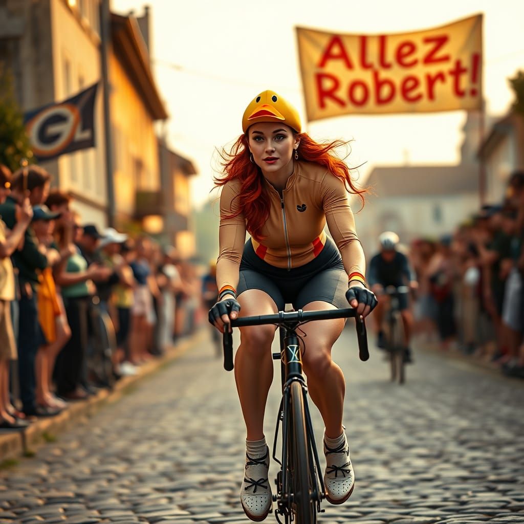 Redhead Pin-Up Girl Speeds Along Cobblestone Path