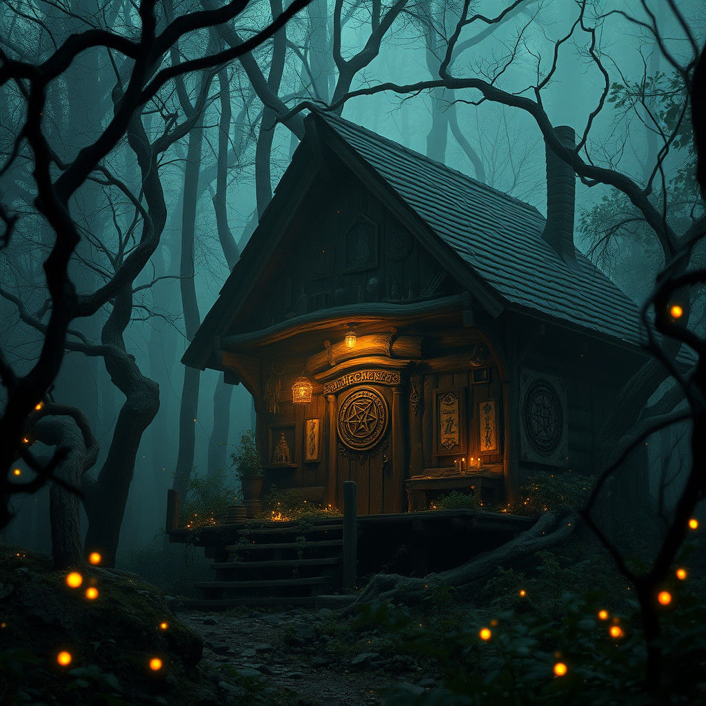 Mystical Cabin in Eerie Forest: Fantasy Concept Art